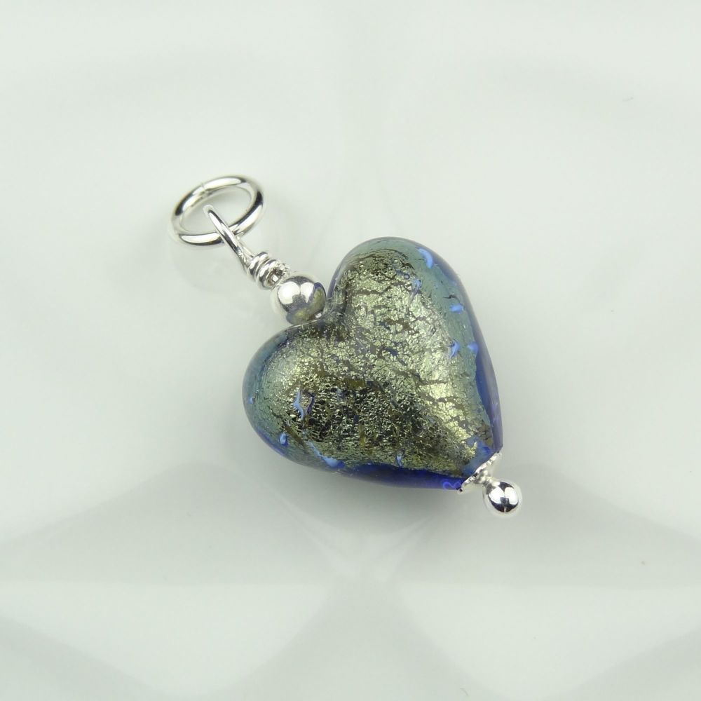 27mm x 14mm genuine Murano glass heart & sterling silver pendant with/out chain, gift box, polishing cloth - Bluino Gold Foiled