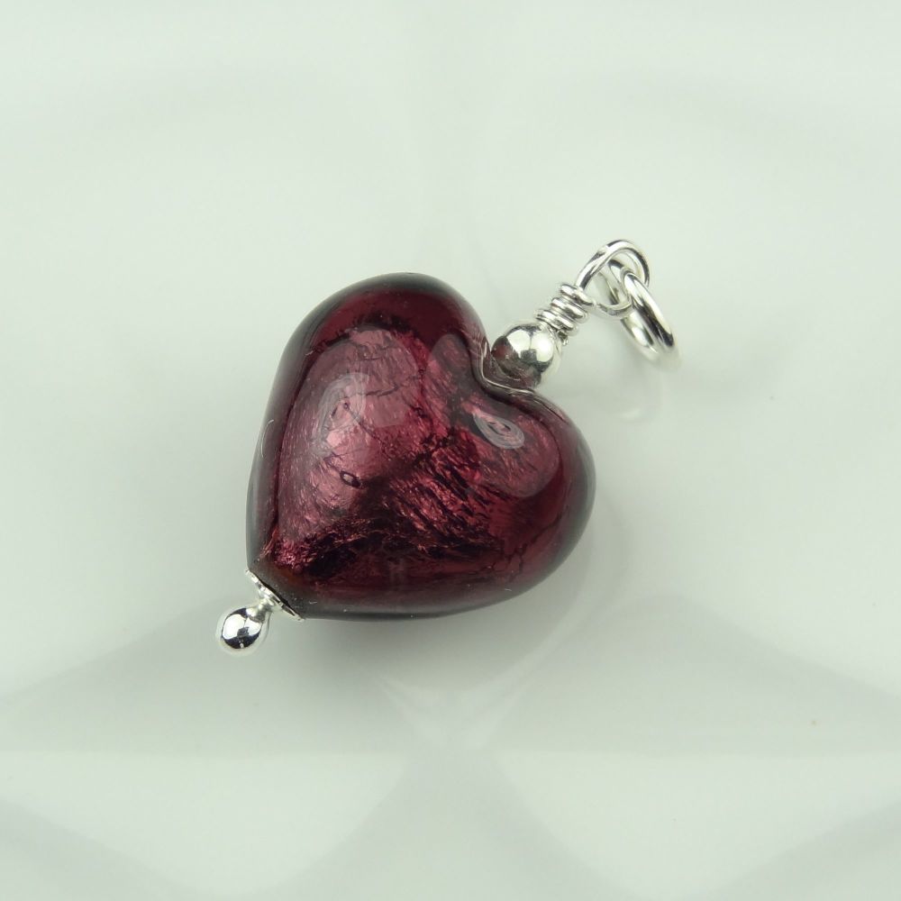 28mm x 14mm genuine Murano glass heart & sterling silver pendant with/out chain, in a gift box, with polishing cloth - Amethyst Silver Foiled