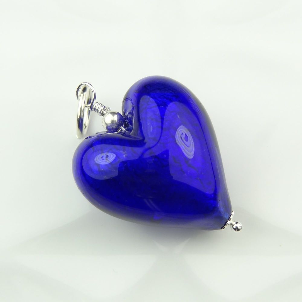 34mm x 20mm genuine Murano glass heart & sterling silver pendant with/out chain, in a gift box, polishing cloth - Cobalt White Gold Foiled