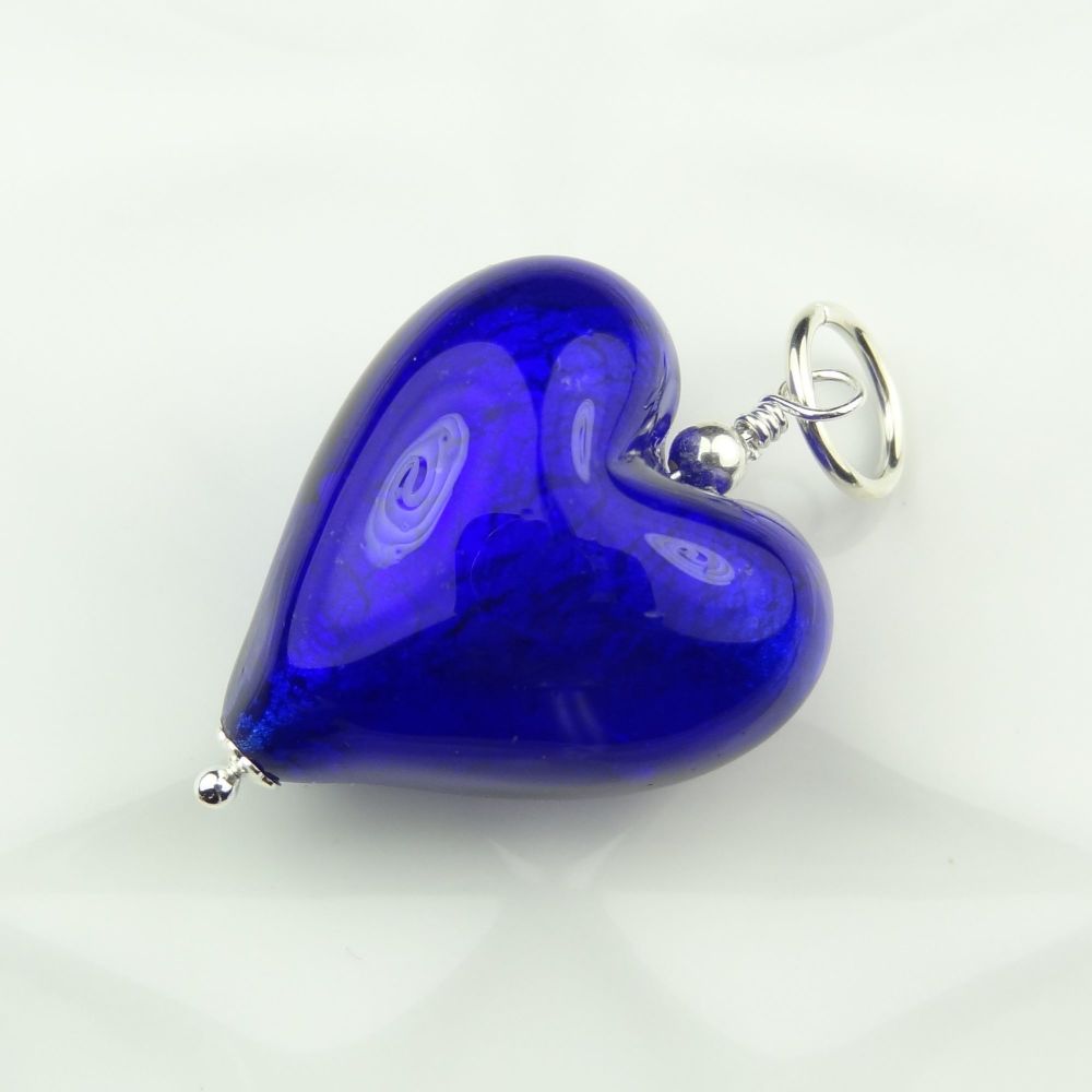 34mm x 20mm genuine Murano glass heart & sterling silver pendant with/out chain, in a gift box, polishing cloth - Cobalt White Gold Foiled