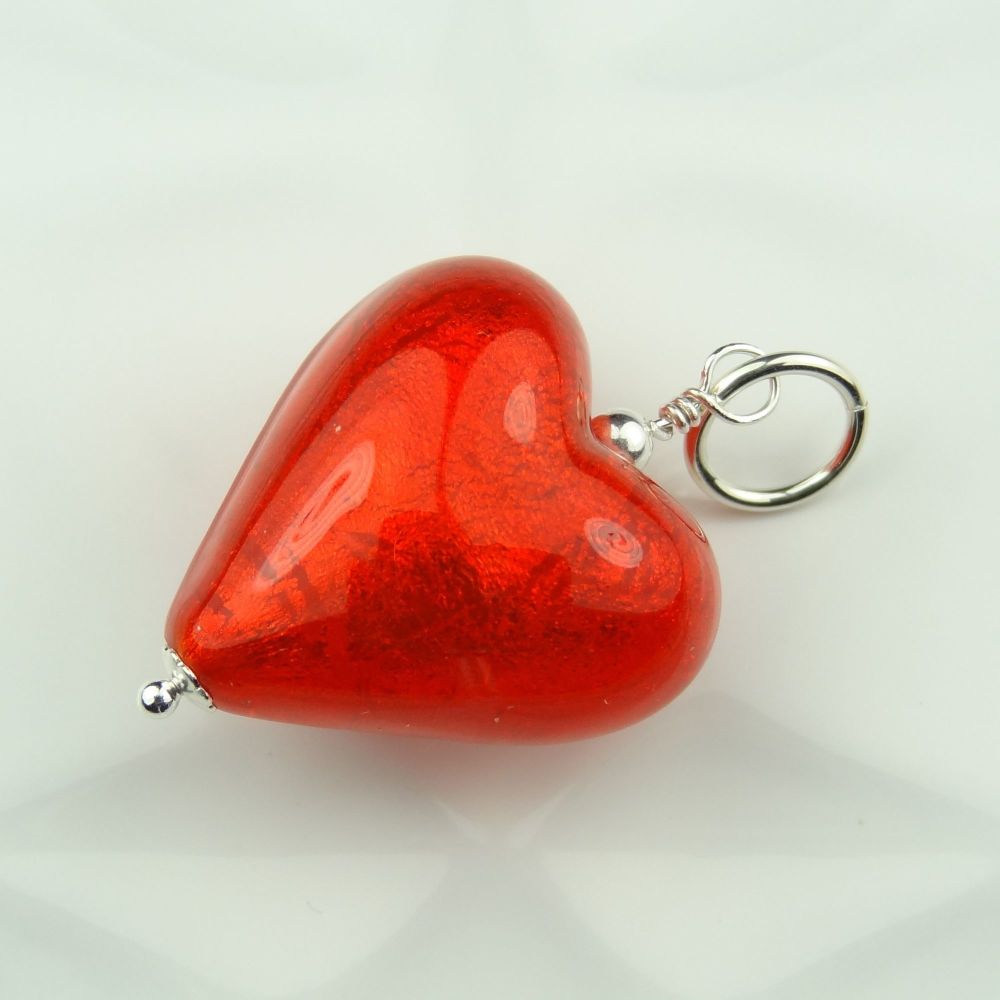 34mm x 20mm genuine Murano glass heart & sterling silver pendant with/out chain, in a gift box, polishing cloth - Arancio Gold Foiled