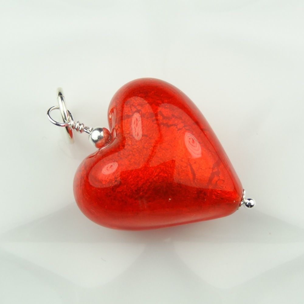 34mm x 20mm genuine Murano glass heart & sterling silver pendant with/out chain, in a gift box, polishing cloth - Arancio Gold Foiled