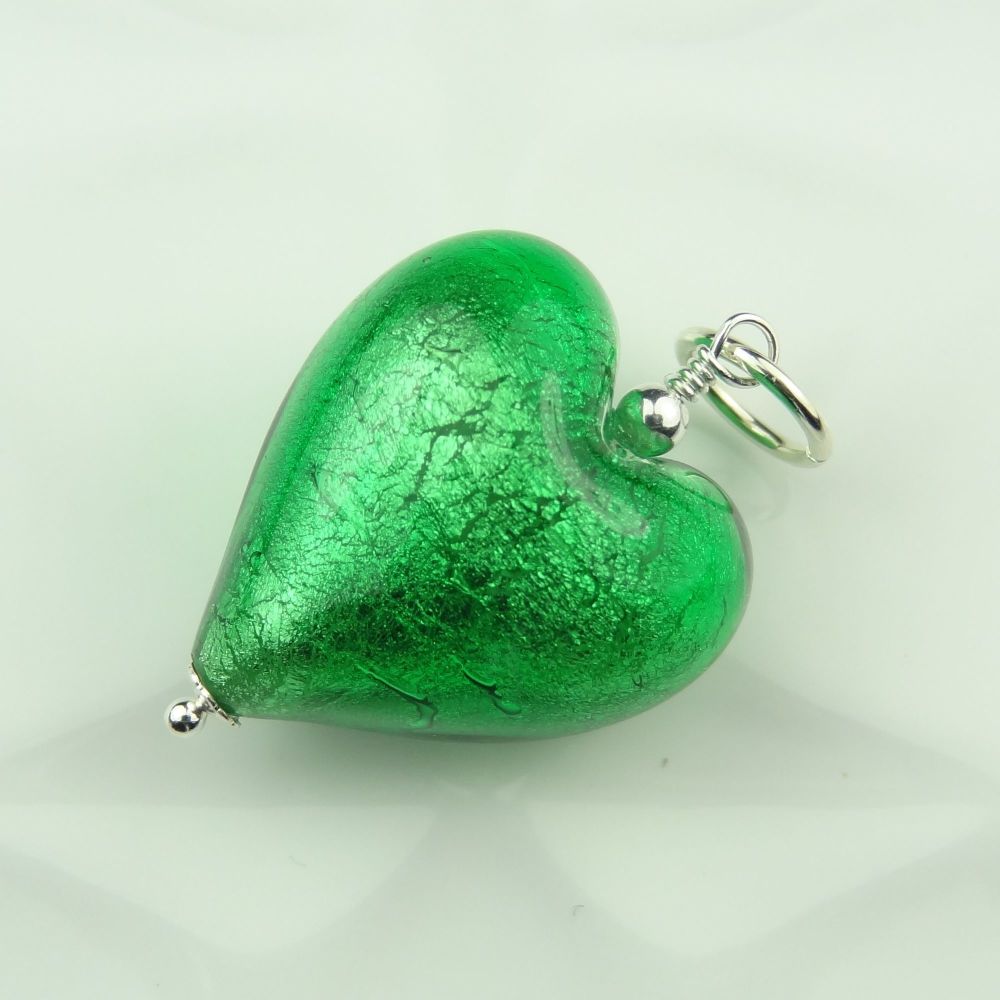 Murano glass heart & sterling silver pendant - Emerald Silver Foiled green