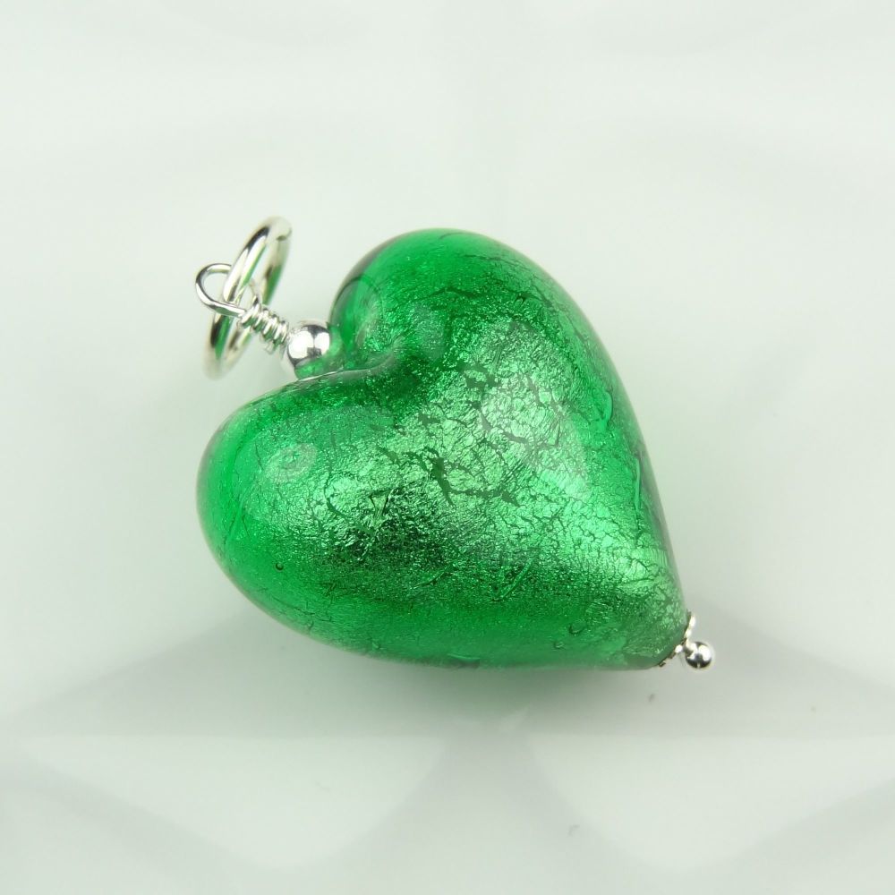 34mm x 20mm genuine Murano glass heart & sterling silver pendant with/out chain, in a gift box, polishing cloth - Emerald Silver Foiled