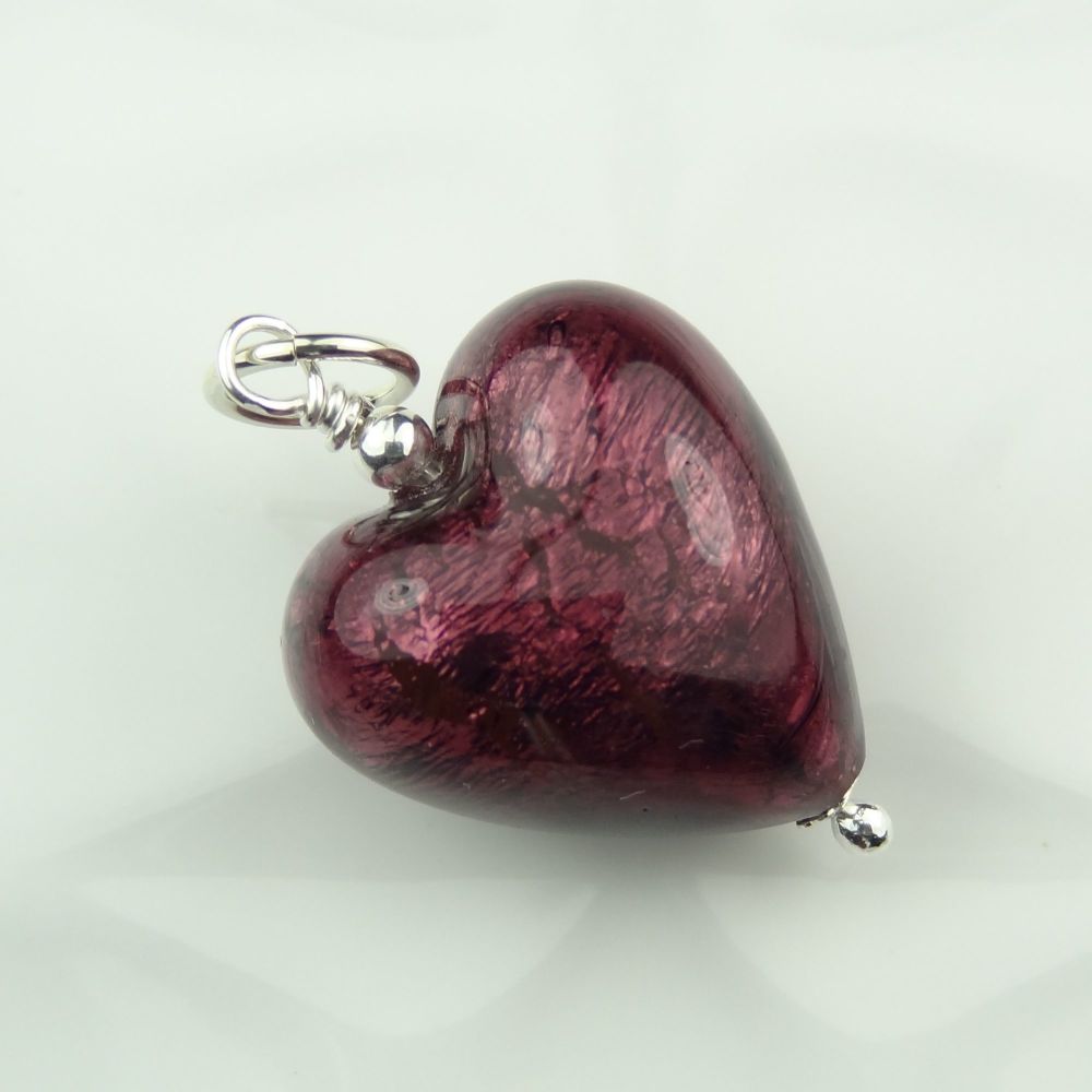 35mm x 20mm genuine Murano glass heart & sterling silver pendant with/out chain, in a gift box, with polishing cloth - Amethyst Silver Foiled