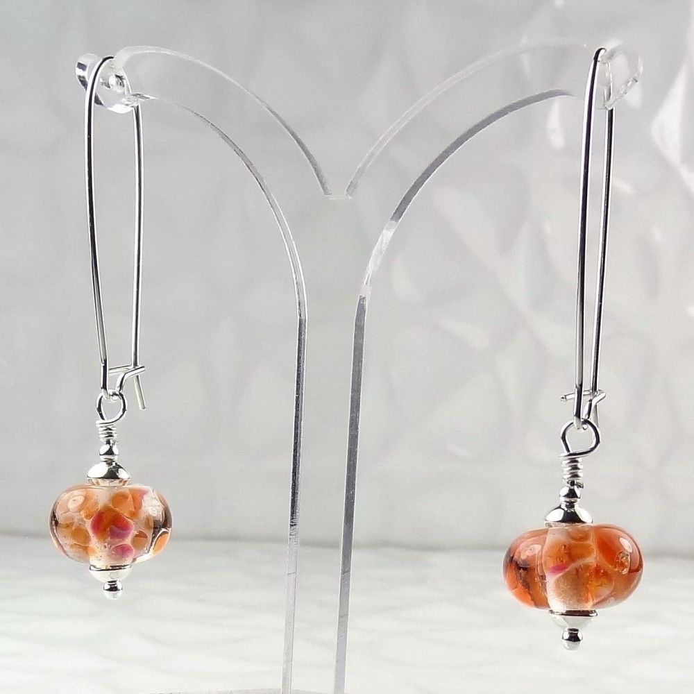 Artisan lampwork glass and sterling silver drop earrings - Orange-Red Frit (PF)