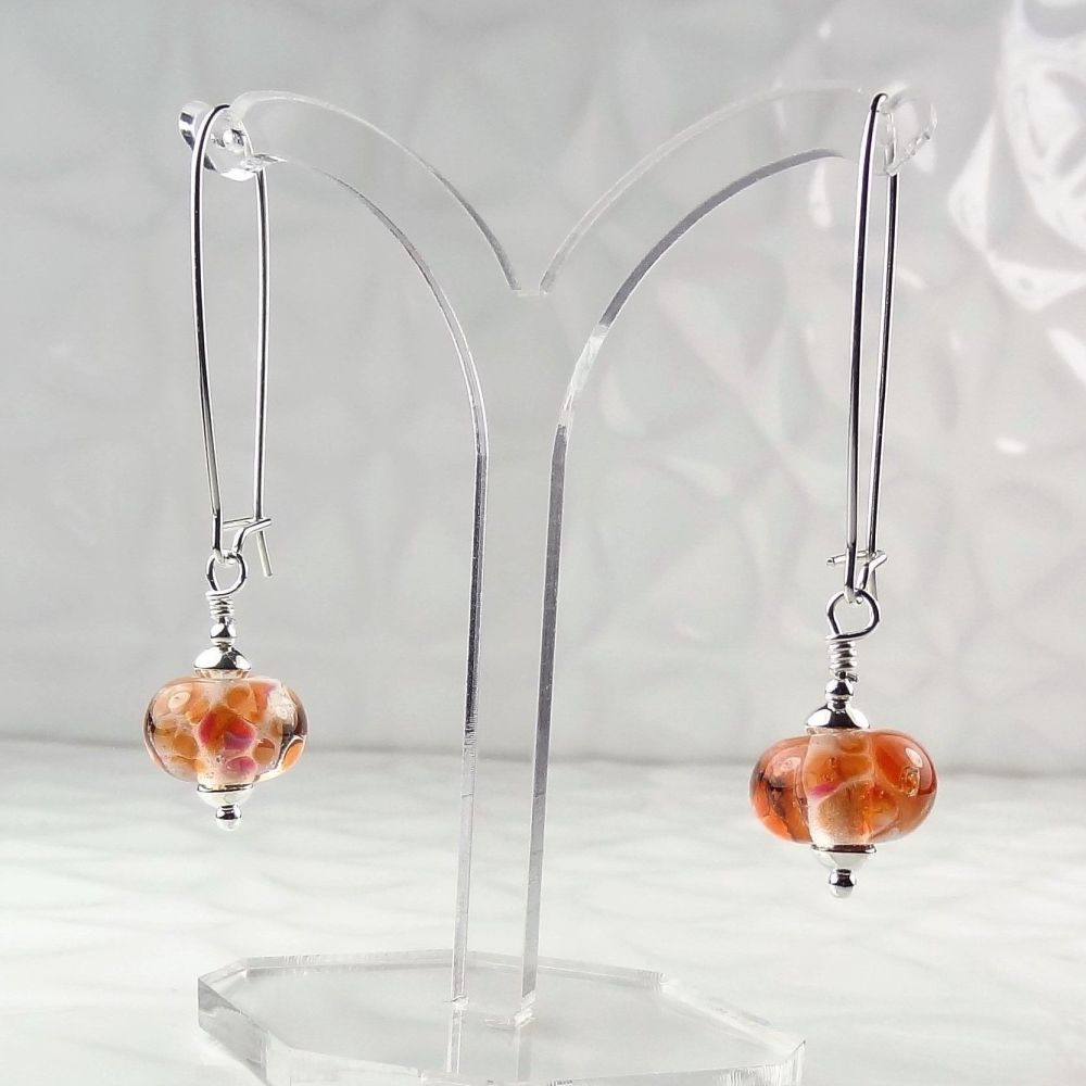 Artisan lampwork glass and sterling silver drop earrings - Orange-Red Frit (PF)