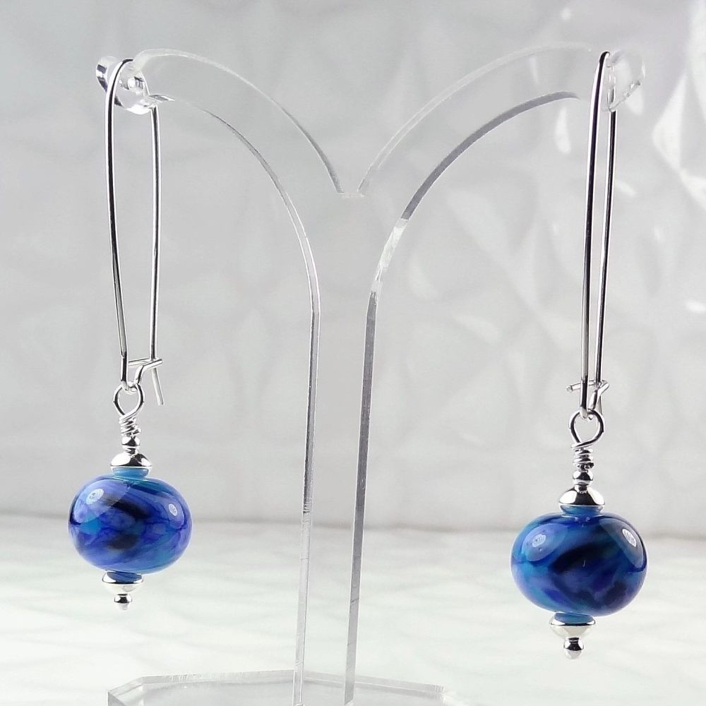 Artisan lampwork glass and sterling silver drop earrings - Blue Lagoon Ripple (SD)