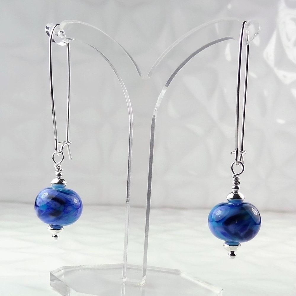 Artisan glass & sterling silver drop earrings - Blue Lagoon Ripple kidney w