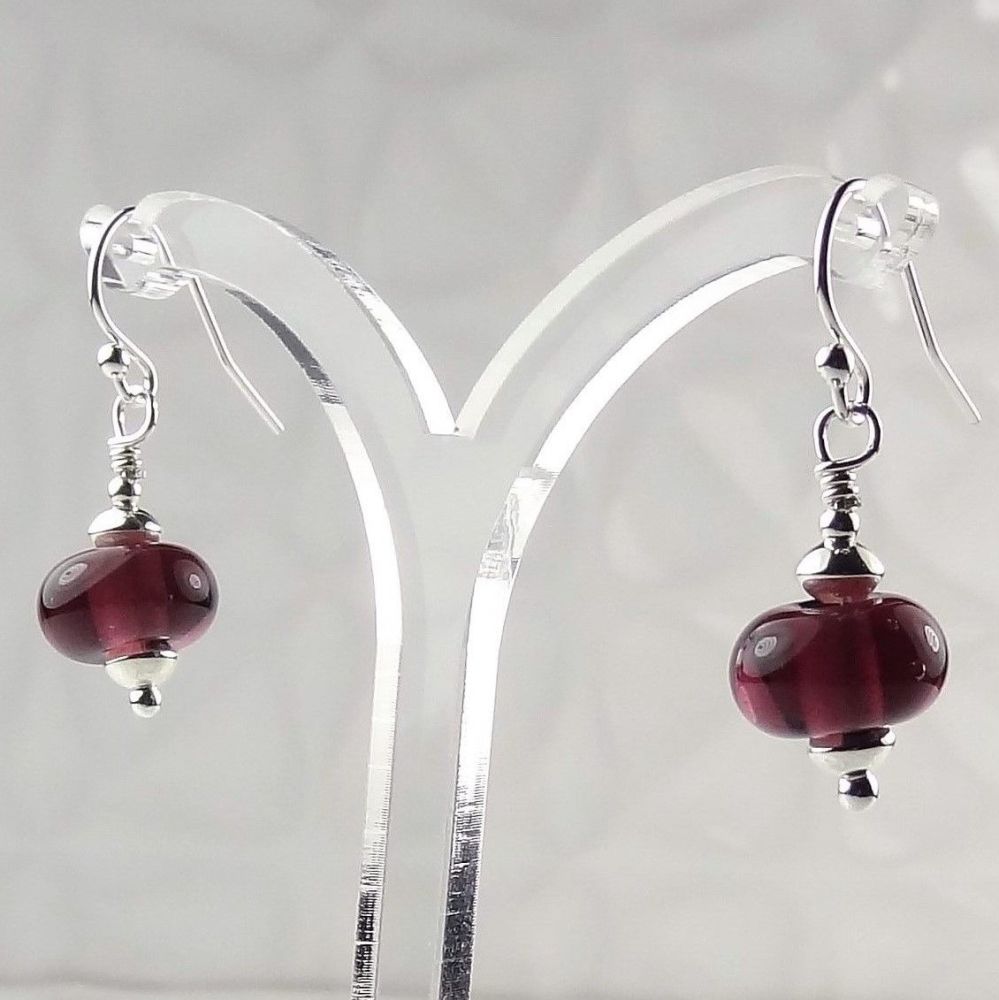 Artisan lampwork glass and sterling silver drop earrings - Purple 2 (PF)