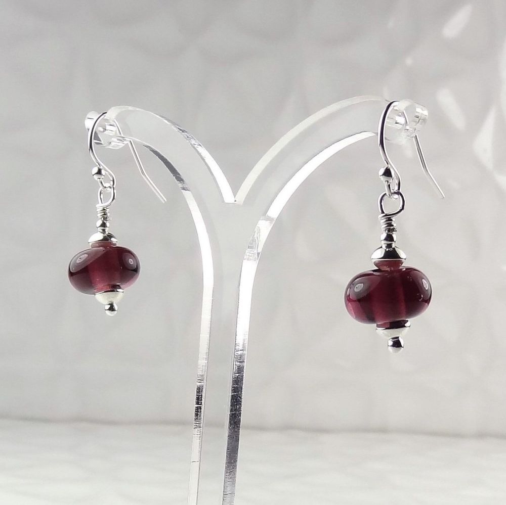 Artisan lampwork glass and sterling silver drop earrings - Purple 2 (PF)