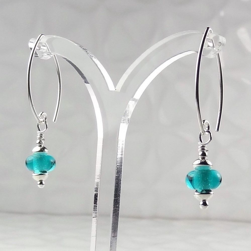 Artisan lampwork glass and sterling silver drop earrings - Teal (PD)