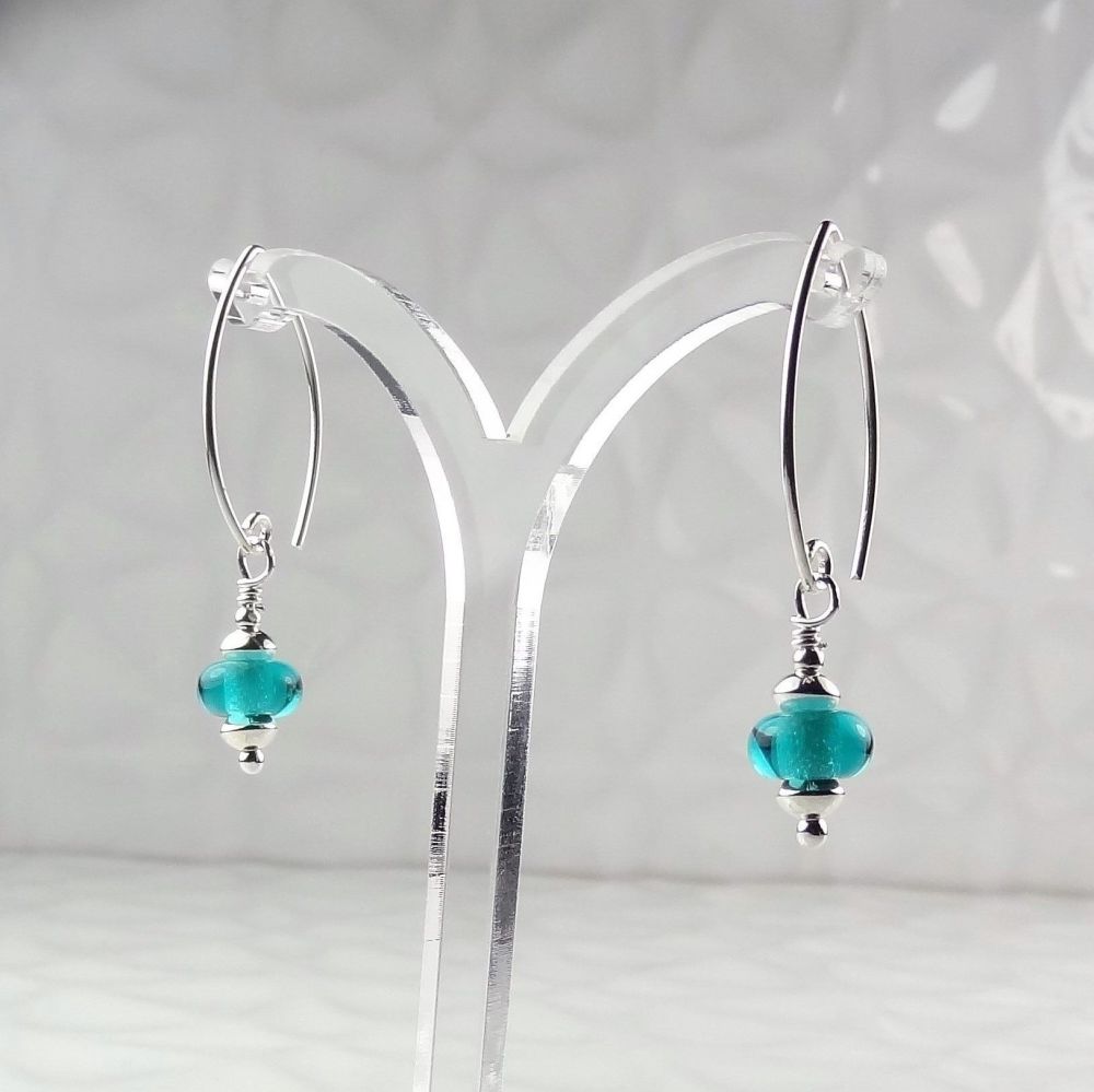 Artisan lampwork glass and sterling silver drop earrings - Teal (PD)