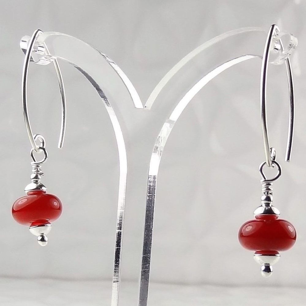 Artisan lampwork glass and sterling silver drop earrings - Red Rosehip (PD)