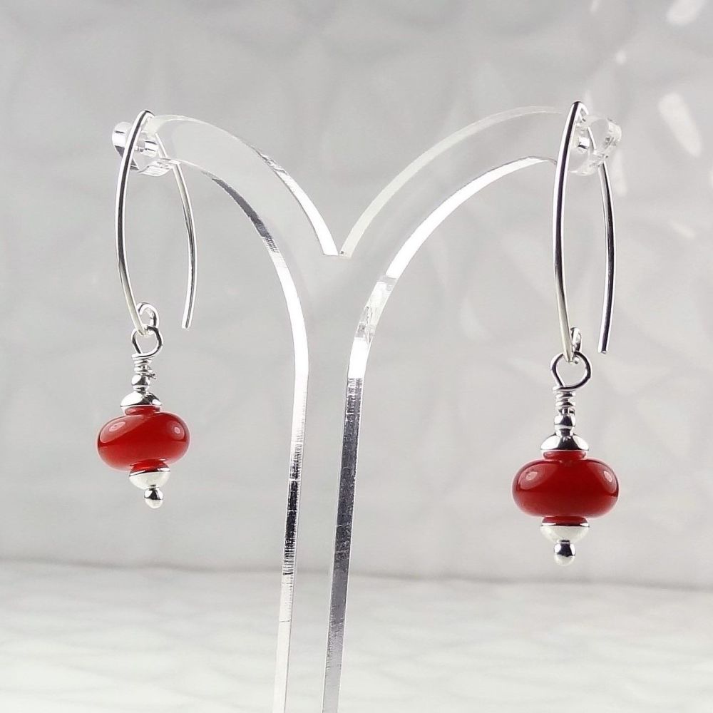 Artisan lampwork glass & sterling silver drop earrings - Red Rosehip