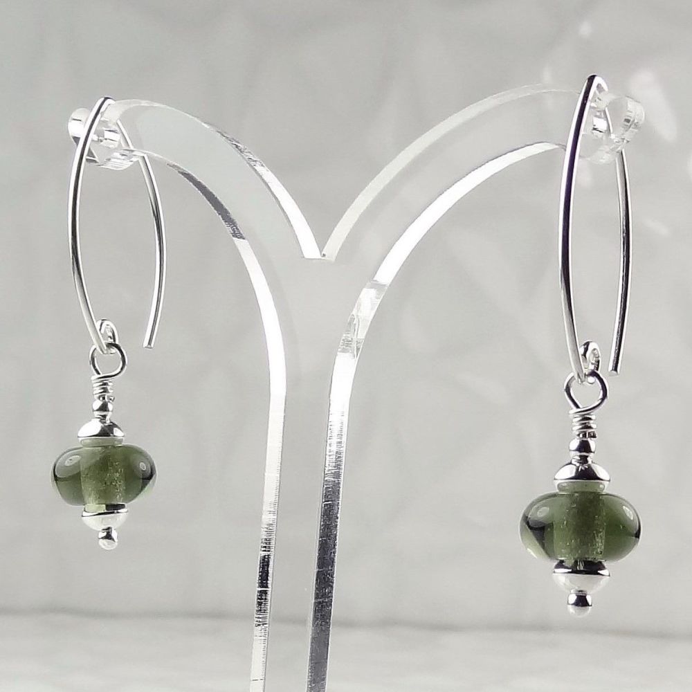 Artisan lampwork glass and sterling silver drop earrings - Dark Grey Water (PD)