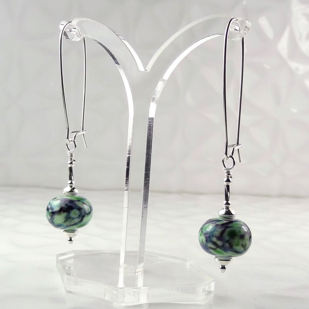 Artisan lampwork glass beads & sterling silver drop earrings - Green purple blue Celest Ripple (SD)