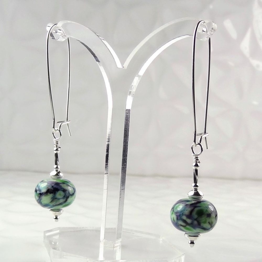 Artisan lampwork glass beads & sterling silver drop earrings - Green purple blue Celest Ripple (SD)