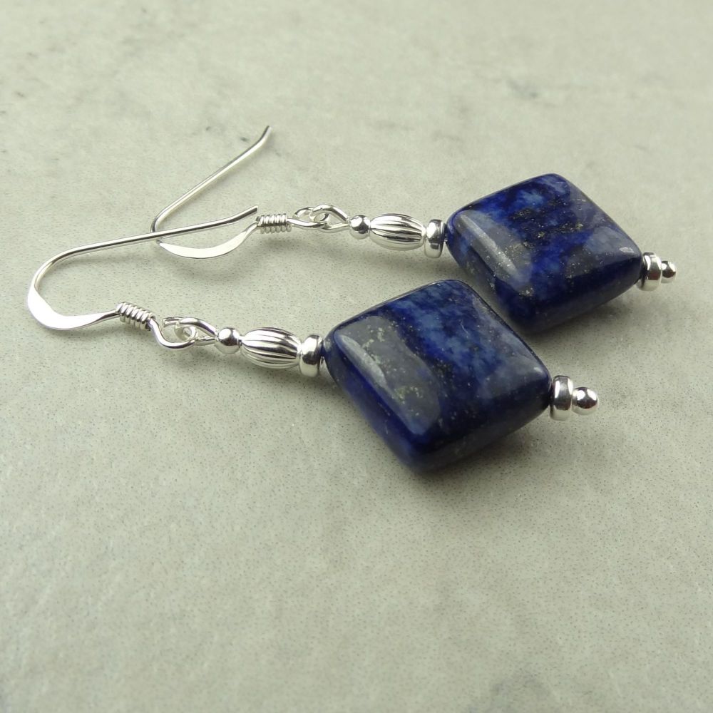 16mm diamond/rhombus shaped Lapis Lazuli semi-precious stone & sterling silver drop earrings, in a gift box - September birthday birthstone