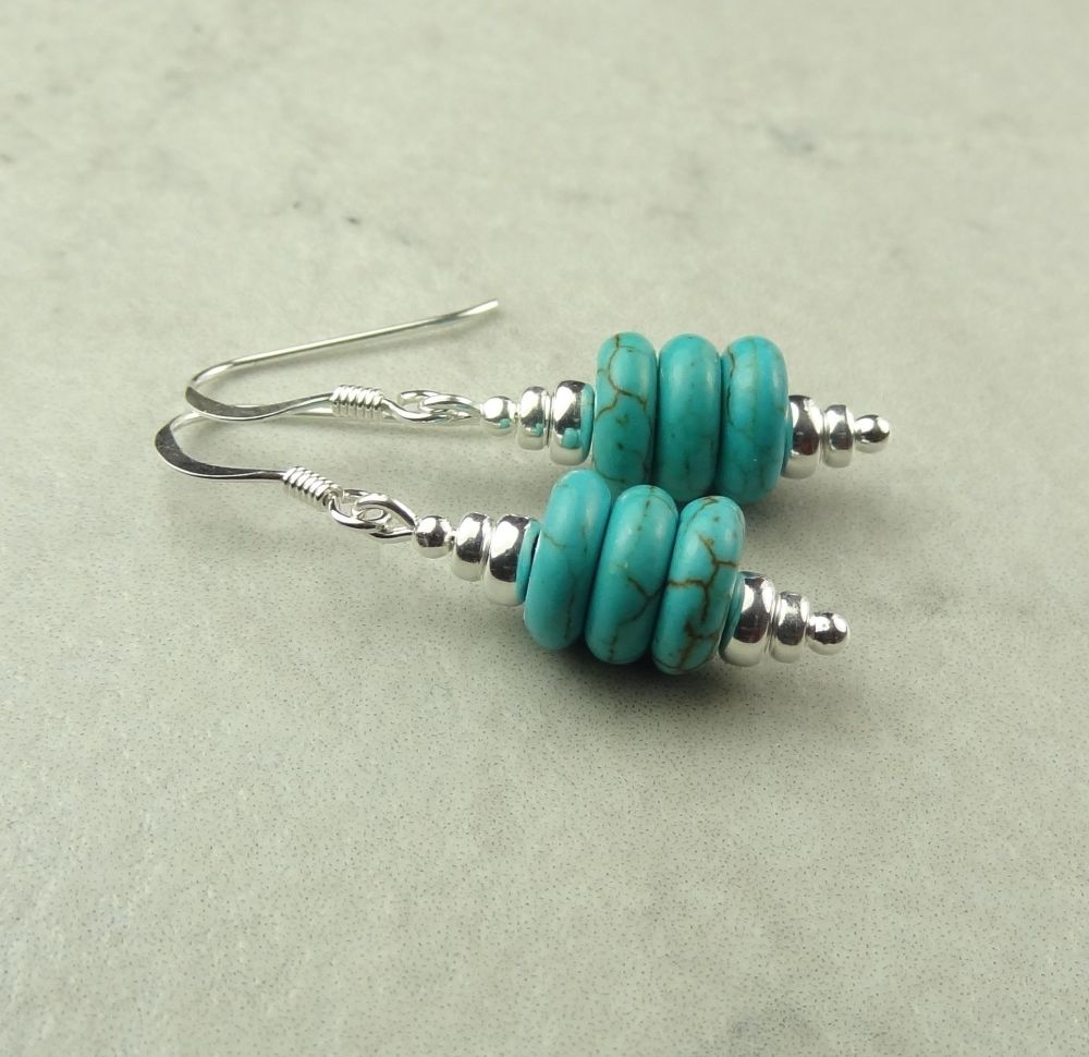 Turquoise Magnesite (dyed) rondelle semi-precious stone & sterling silver drop earrings, in a gift box - each rondelle is 3x8mm (+/-)