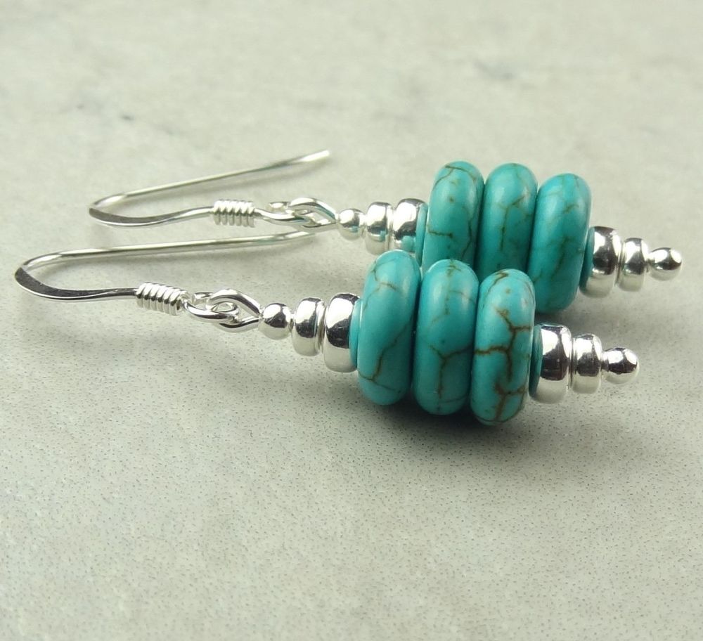 Turquoise Magnesite (dyed) rondelle semi-precious stone & sterling silver drop earrings, in a gift box - each rondelle is 3x8mm (+/-)