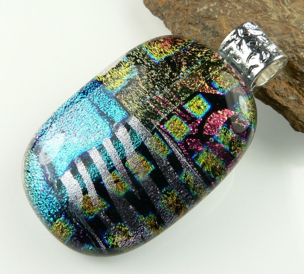 Free P&P - 4.4cm multi-coloured genuine Dichroic glass pendant, with cord