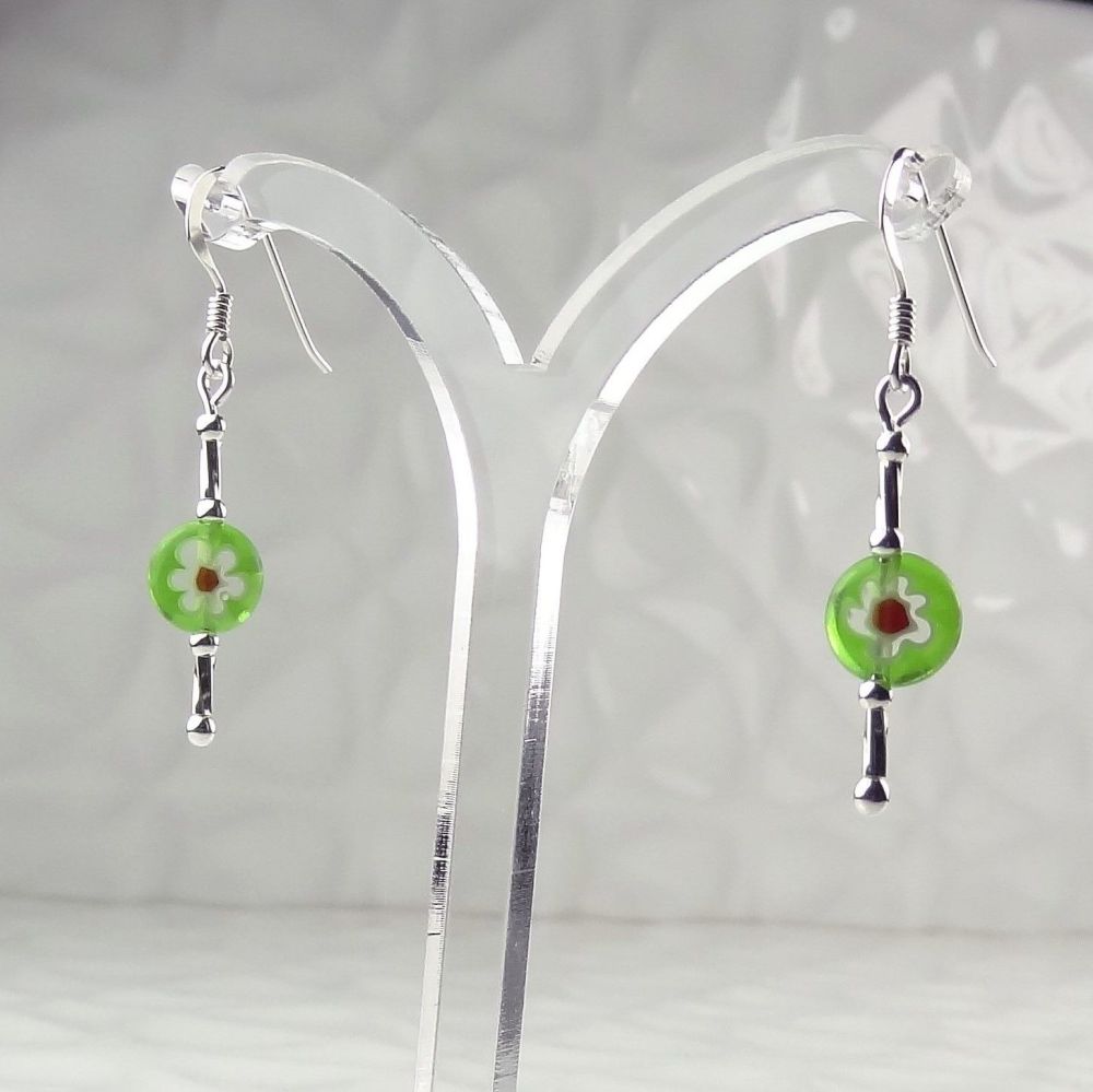 Green Millefiori-style glass coin & sterling silver drop earrings