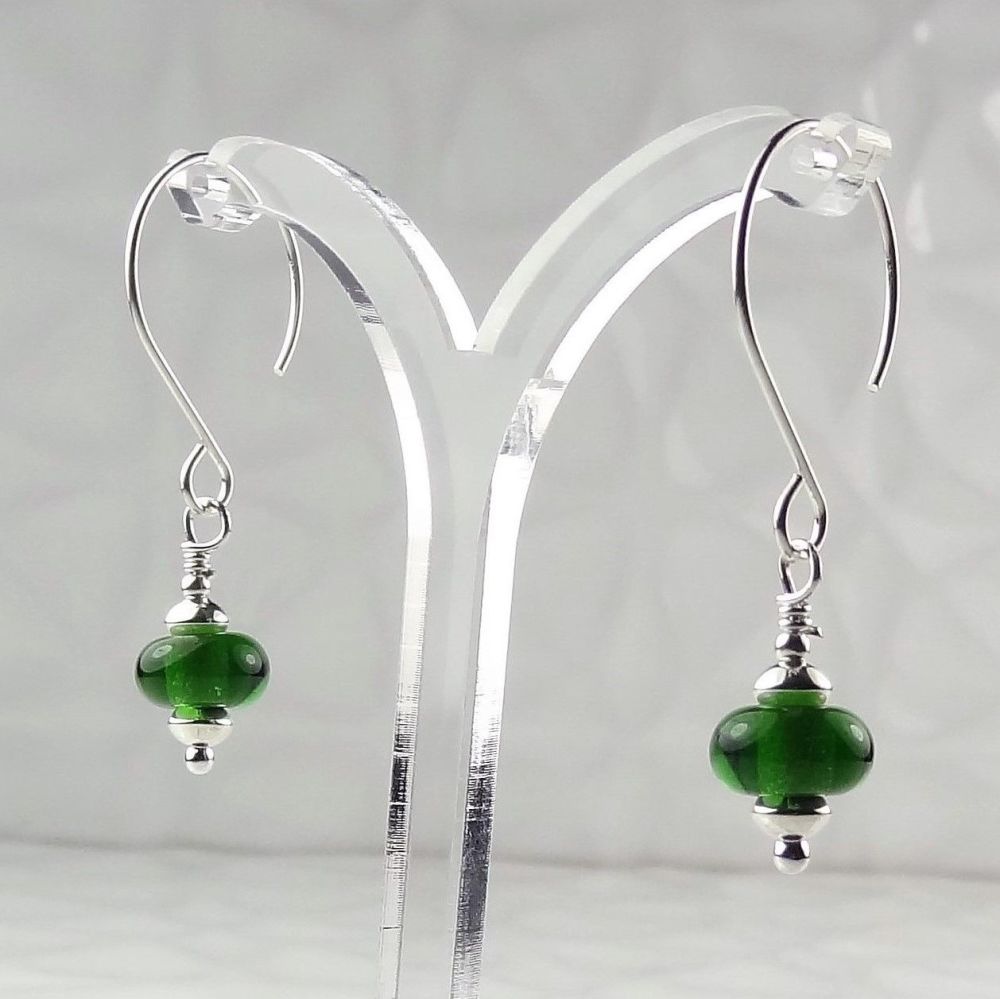 Handcrafted artisan lampwork glass & sterling silver drop earrings, UK made - Rich Green (PD)