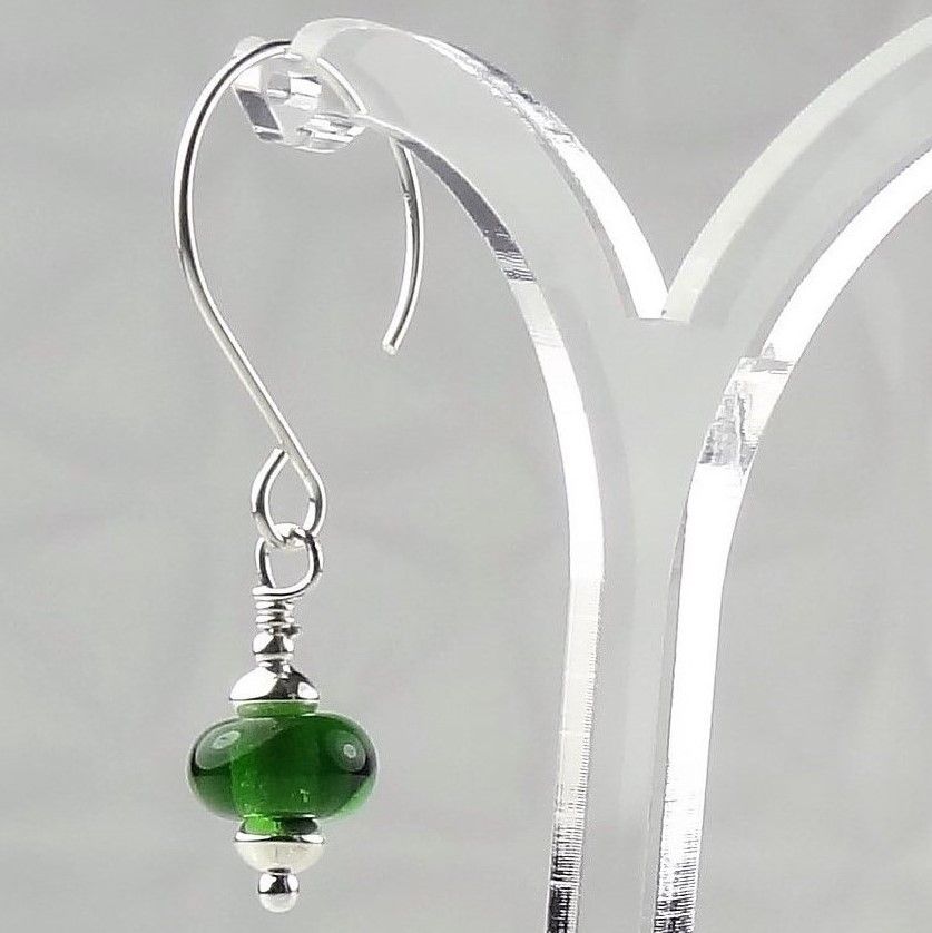 Handcrafted artisan lampwork glass & sterling silver drop earrings, UK made - Rich Green (PD)