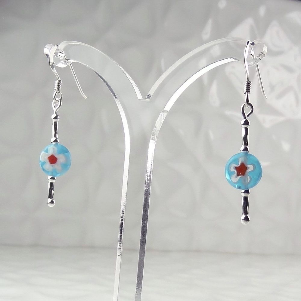 Millefiori-style glass coin & sterling silver drop earrings, in a gift box - glass bead 8mm (+/-) - blue with white and red flowers