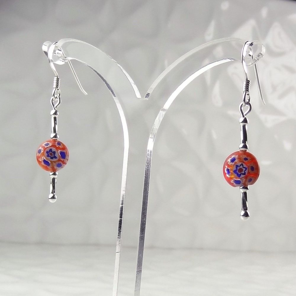 Red Millefiori-style glass coin & sterling silver drop earrings