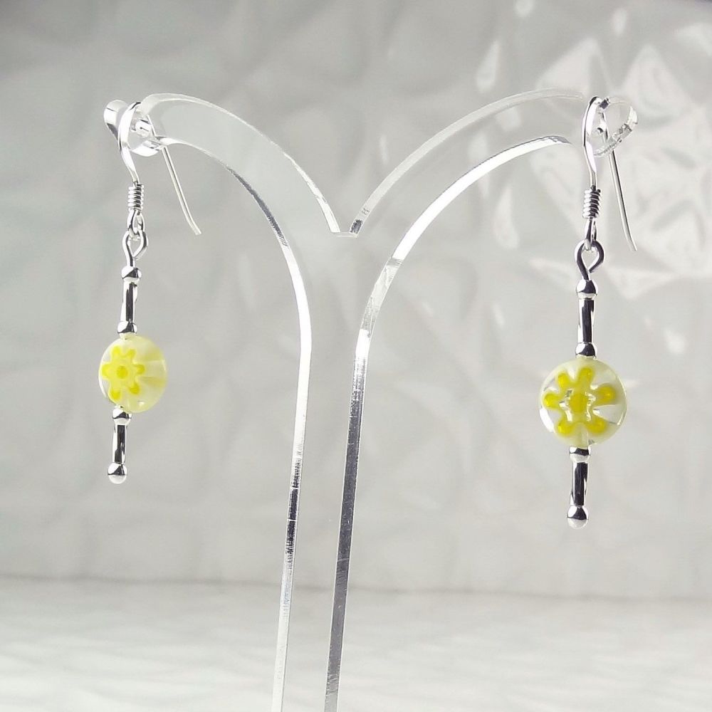 Millefiori-style glass coin & sterling silver drop earrings, in a gift box - glass bead 8mm (+/-) - yellow and white flowers