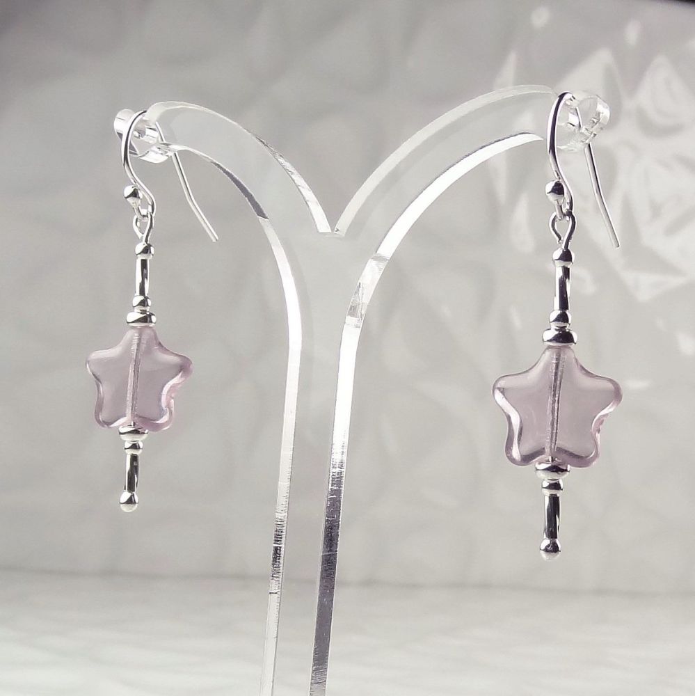 Sterling silver & pale lavender/purple Czech glass star drop earrings