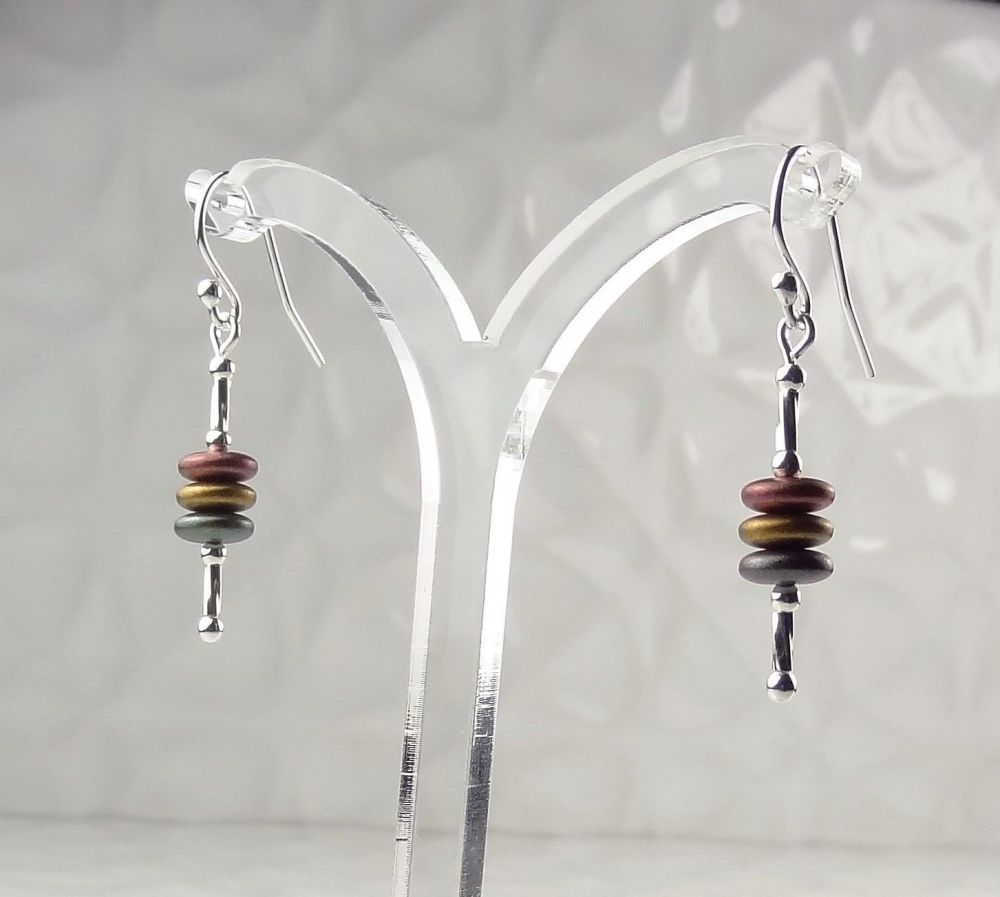 Sterling silver & metallic coated Czech glass disc drop earrings, in a gift box (glass beads 6mm (+/-) wide)