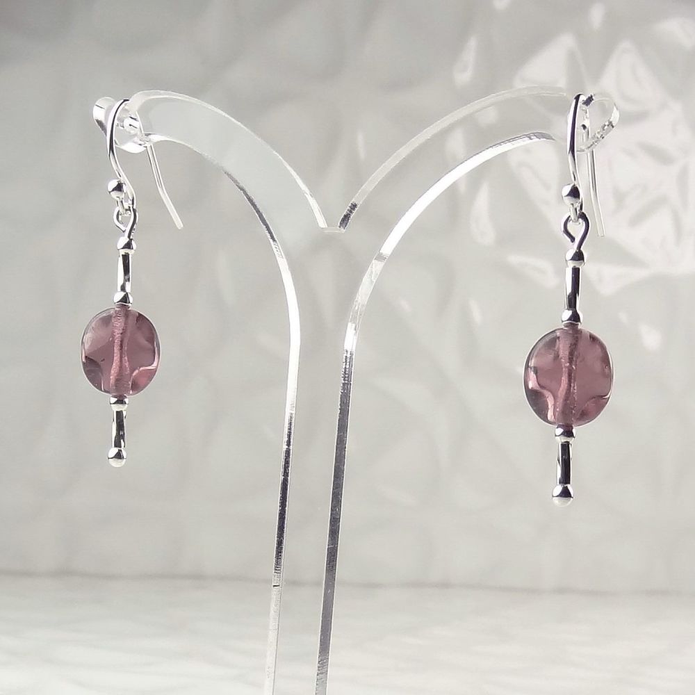 Sterling silver & 9x8mm purple oval Czech glass drop/dangle earrings, in a gift box