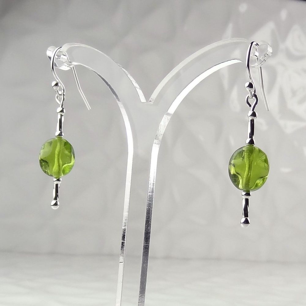 Sterling silver & 9x8mm green oval Czech glass drop/dangle earrings, in a gift box