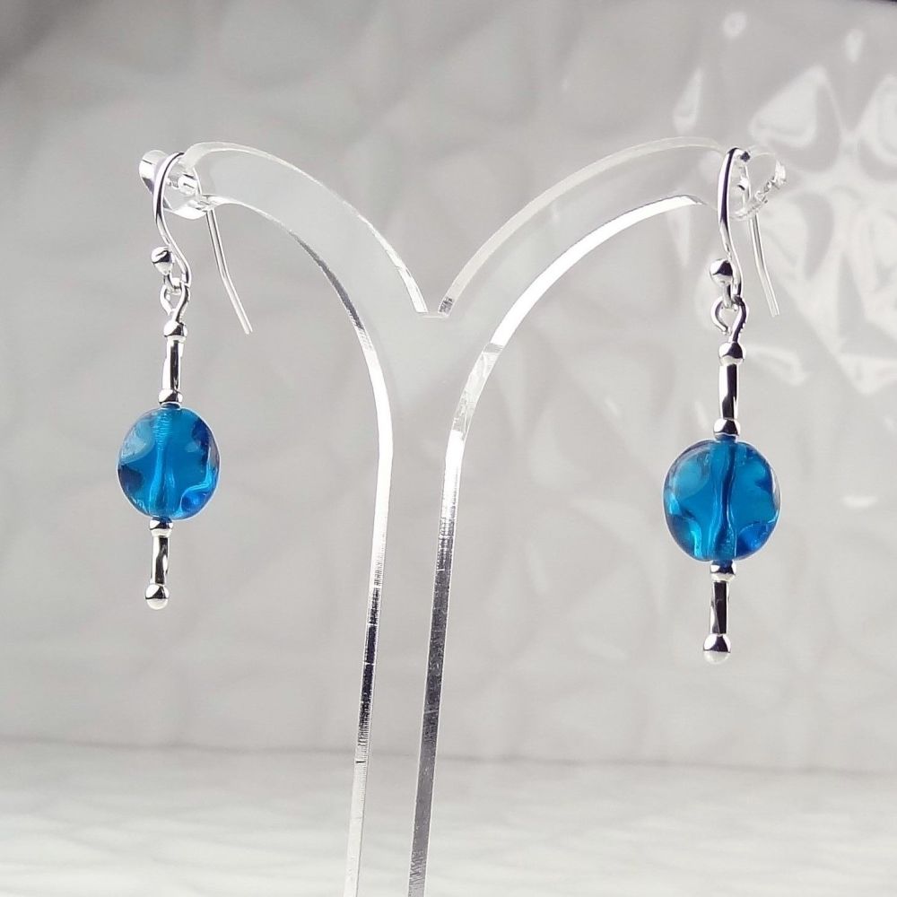 Sterling silver & 9x8mm blue oval Czech glass drop/dangle earrings, in a gift box