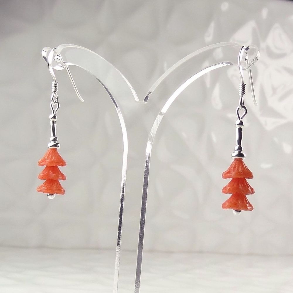 Pastel orange Czech glass bell flowers & sterling silver drop earrings