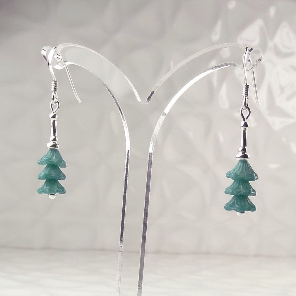 Pastel teal Czech glass bell flowers & sterling silver drop earrings in a gift box