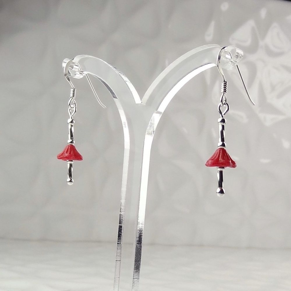 Rich red Czech glass bell flowers & sterling silver drop/dangle earrings in a gift box