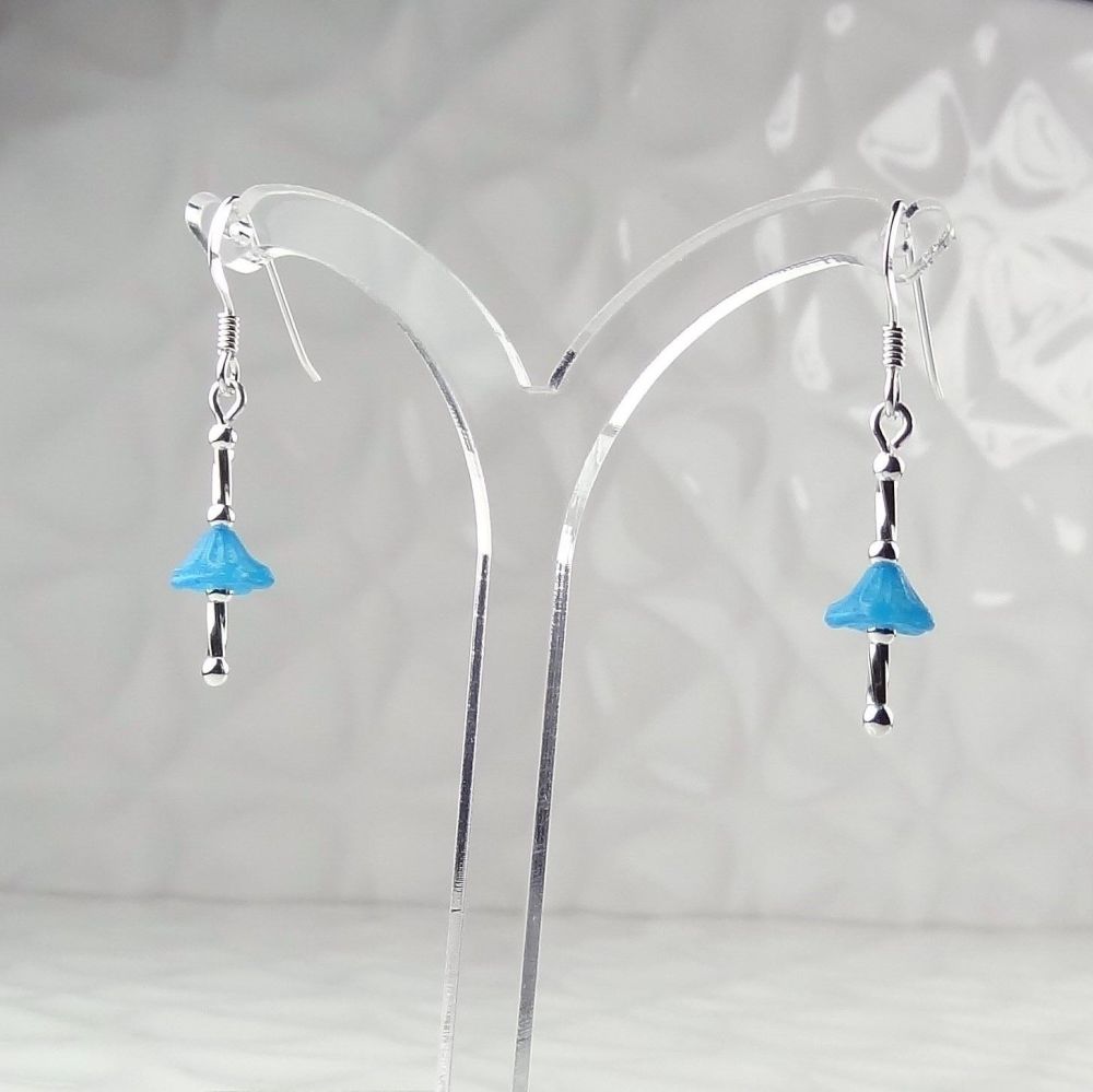 Pacific blue Czech glass bell flowers & sterling silver drop/dangle earring