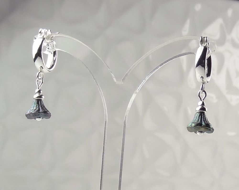 Green Czech glass bell flowers hanging from sterling silver 12mm huggie-hoop earrings, in a gift box