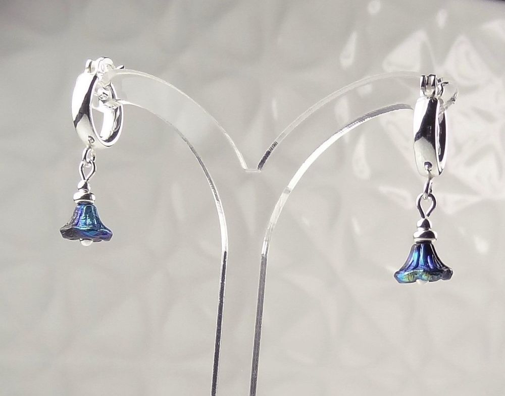 Blue Jet AB Czech glass bell flowers hanging from sterling silver 12mm huggie-hoop earrings, in a gift box