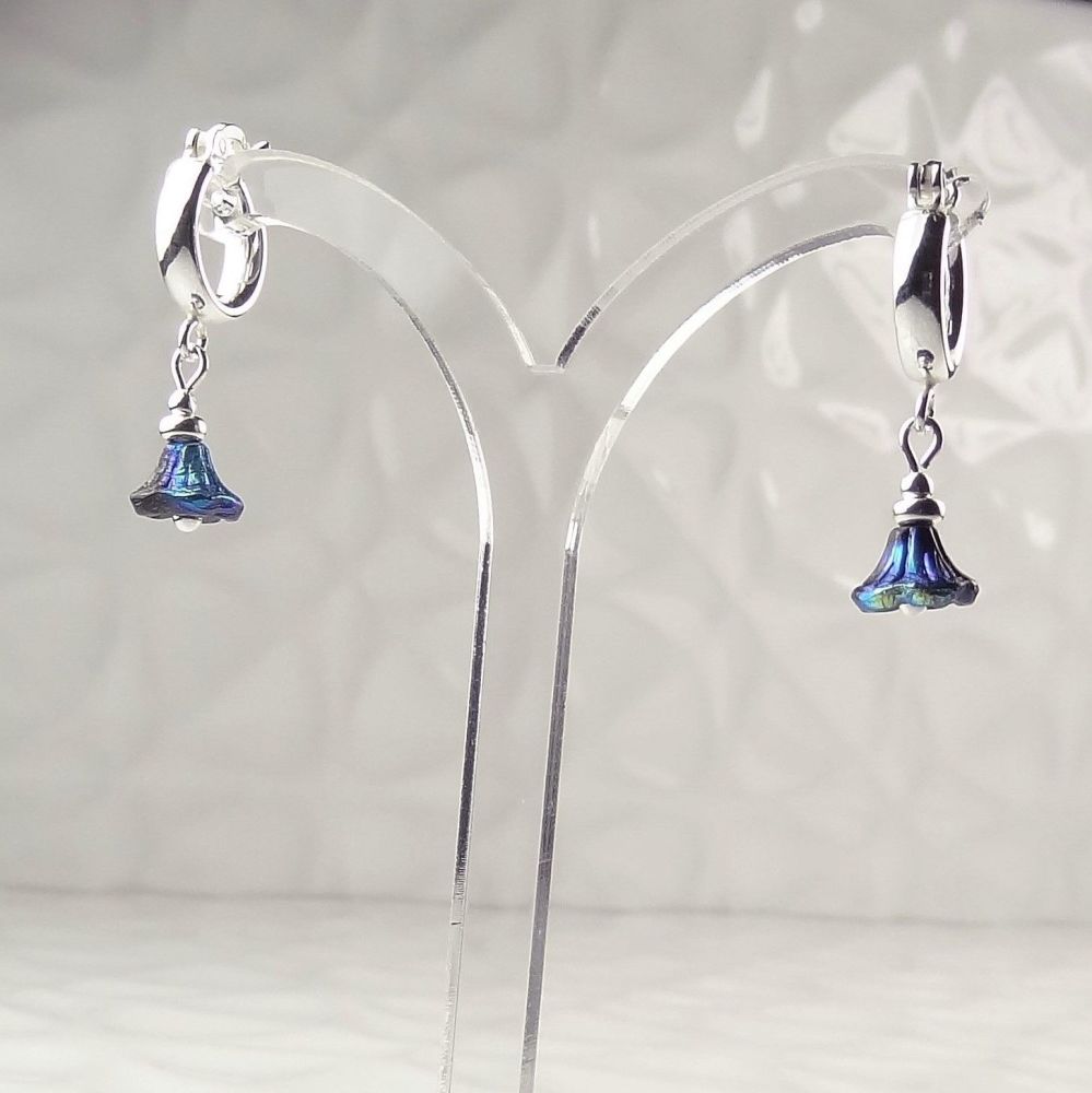 Blue Jet AB Czech glass bell flowers hanging from sterling silver 12mm huggie-hoop earrings, in a gift box