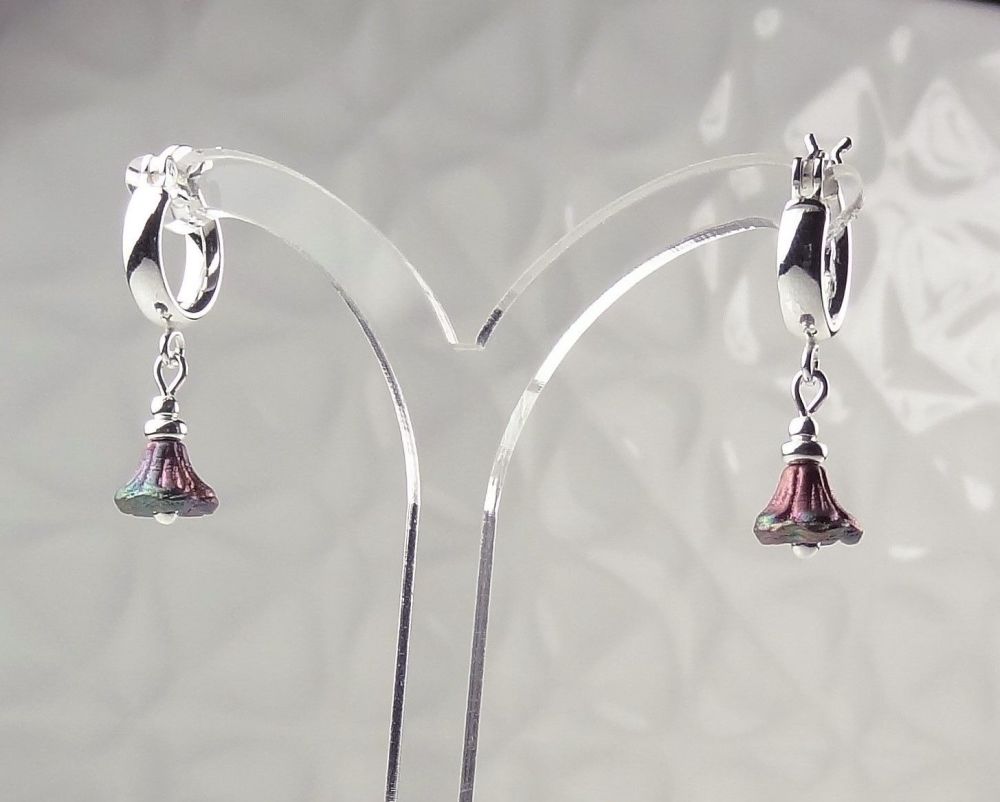 Purple & green Czech glass bell flowers hanging from sterling silver 12mm huggie-hoop earrings, in a gift box