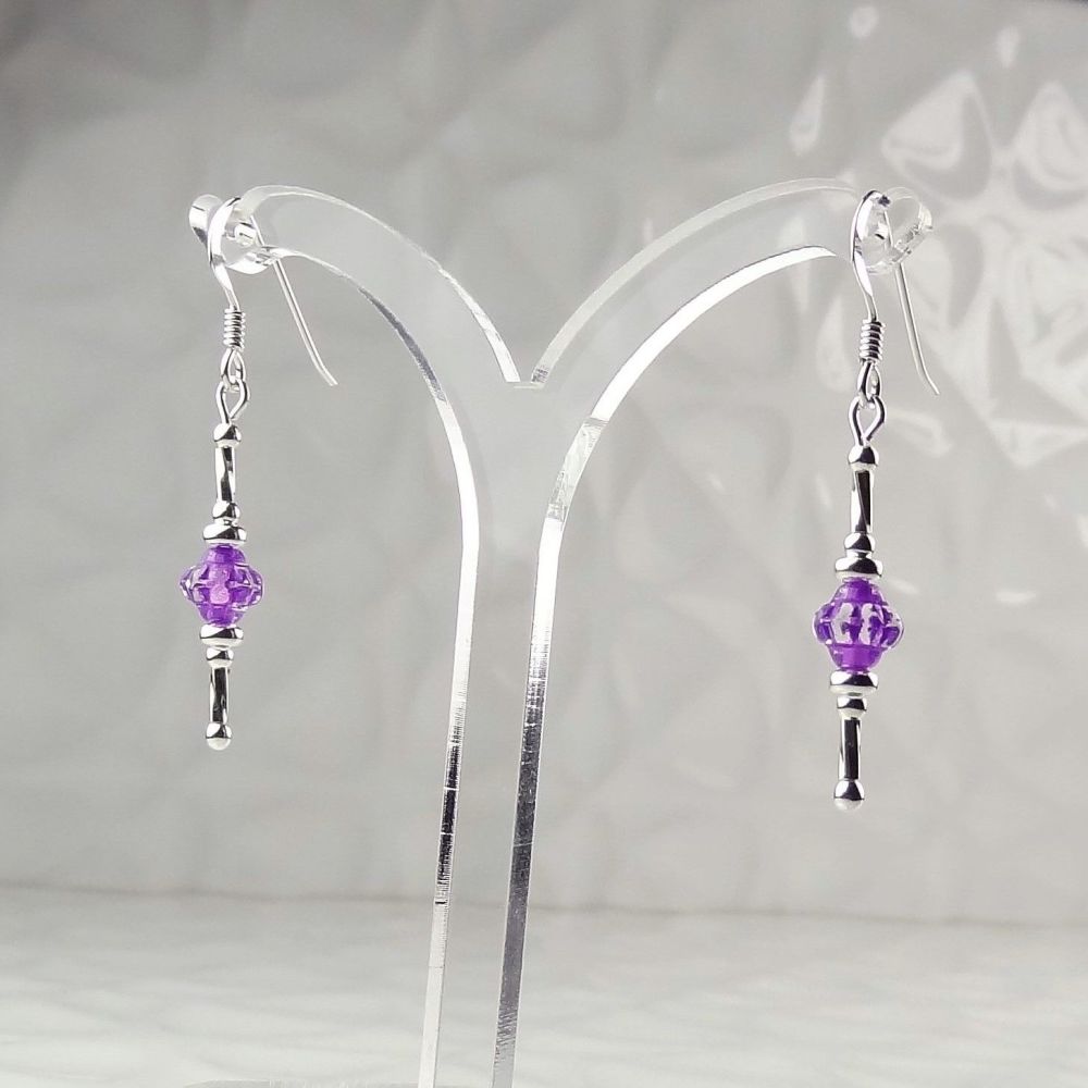 Sterling silver & 6mm purple Czech glass flower drop/dangle earrings