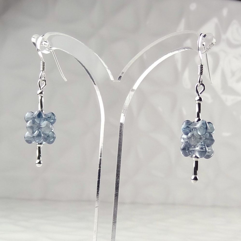 Grey Czech glass flat flowers & sterling silver, double twist, drop earring