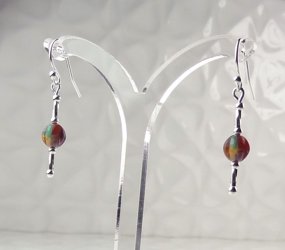 Melon shaped, multi-coloured, Czech glass & sterling silver drop earrings