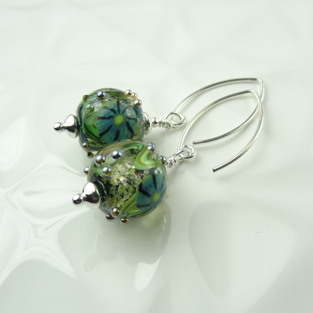 Green with raised dots handcrafted artisan Murrini lampwork glass & sterling silver drop earrings, on 'V' wires ~ UK made