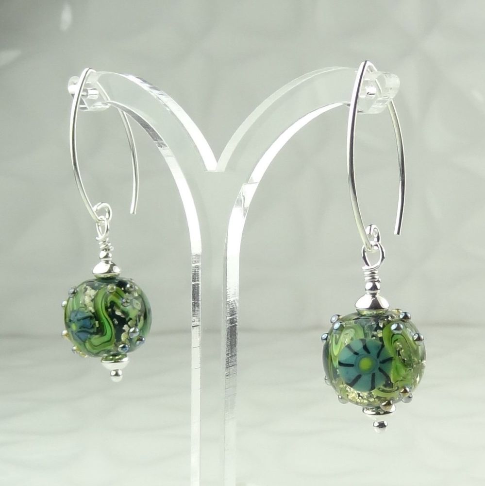 Green with raised dots artisan Murrini glass  & STS earrings